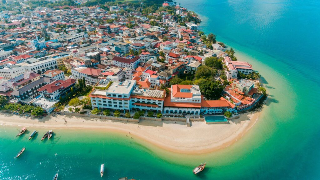 African island getaways. An Aerial view of Stone Town, a UNESCO world heritage site
