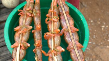 unusual foods. Cooked frogs on a skewer