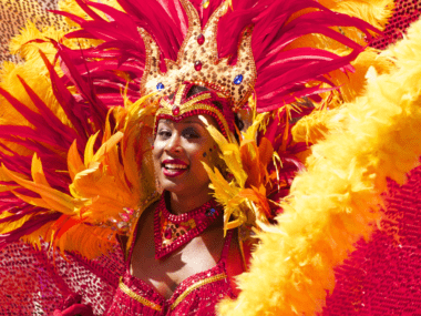 Young woman in a bright feathered carnival costume.
