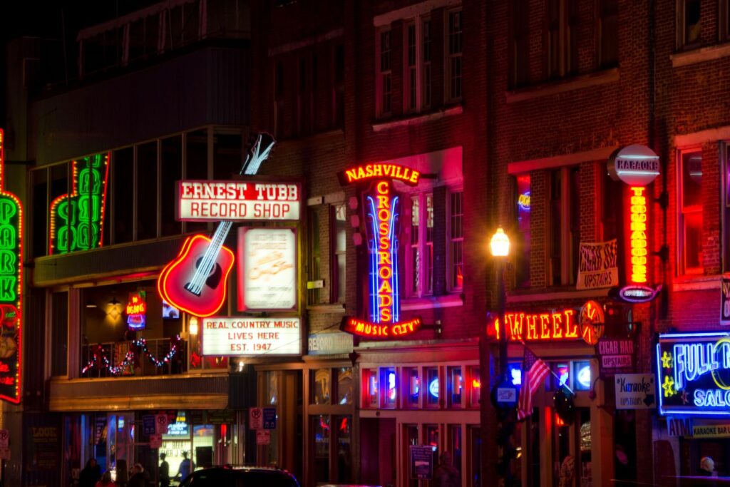 Places to experience american culture. Image of signs downtown Nashville.