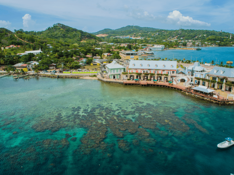 Aerial view over looking the ocean in Roatan, Honduras.