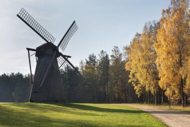 Estonian Open Air Museum. Image of a large windmill surrounded by trees.